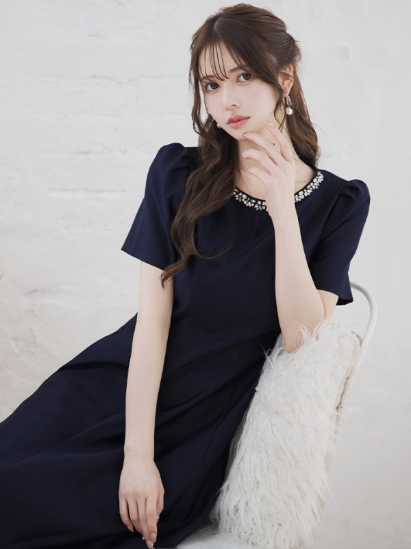 画像6: XS-Lサイズあり【GINZA COUTURE/銀座クチュール】ネックビジュー/ シンプル/ ワンカラー/ 半袖/ 袖あり/ Aライン/ 膝丈/ ミディアムドレス/ キャバドレス[OF2]