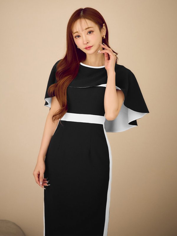 ブラックxホワイト　モデル：真優川咲　身長：158cm　着用サイズ：7号(Sサイズ)