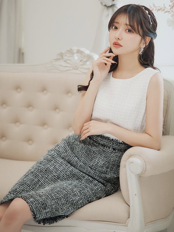 画像4: XS-Lサイズあり 【GINZA COUTURE/銀座クチュール】バイカラー/ 切替/ ツイード/ ノースリーブ/ タイト/ 膝丈/ ミディアムドレス/ キャバドレス[OF2]