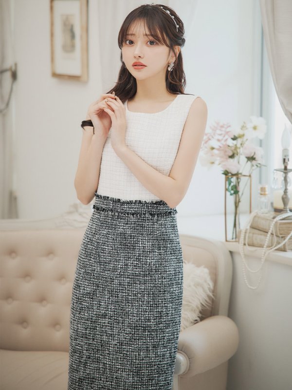 画像6: XS-Lサイズあり 【GINZA COUTURE/銀座クチュール】バイカラー/ 切替/ ツイード/ ノースリーブ/ タイト/ 膝丈/ ミディアムドレス/ キャバドレス[OF2]