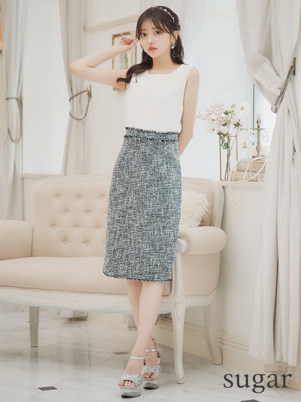 画像7: XS-Lサイズあり 【GINZA COUTURE/銀座クチュール】バイカラー/ 切替/ ツイード/ ノースリーブ/ タイト/ 膝丈/ ミディアムドレス/ キャバドレス[OF2]