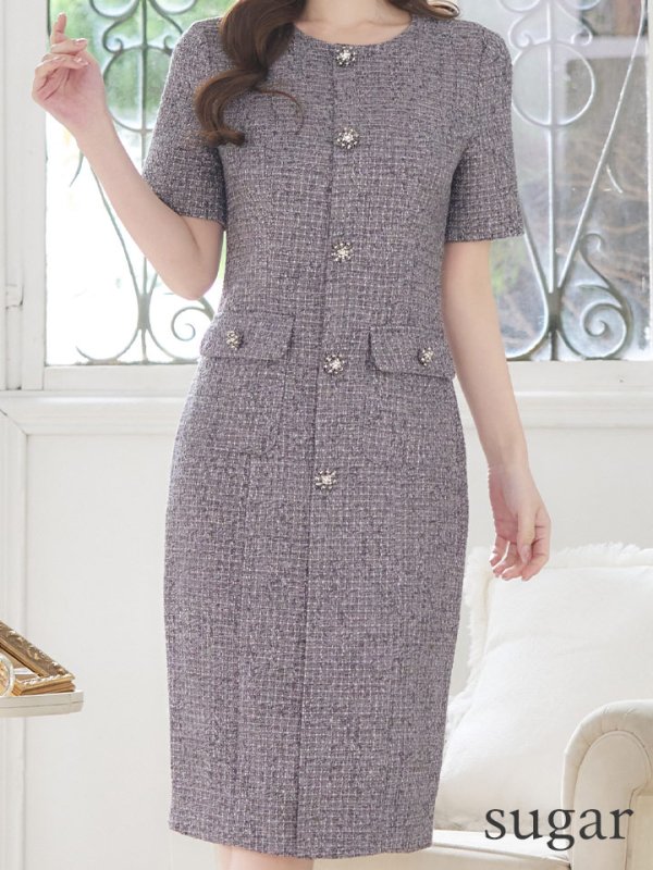 画像8: XS-Lサイズあり 【GINZA COUTURE/銀座クチュール】ビジューボタン/ ツイード/ 半袖/ 袖あり/ タイト/ 膝丈/ ワンピース/ ミディアムドレス/ キャバドレス[OF2]