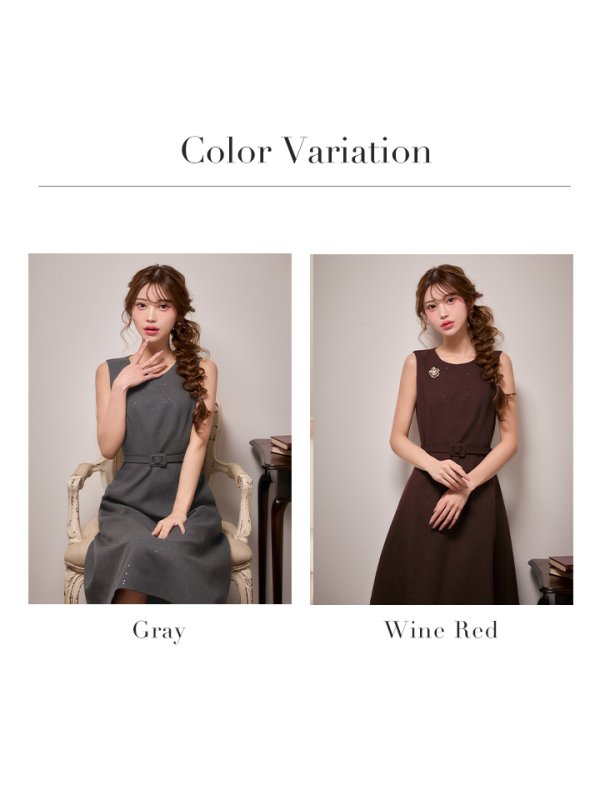 画像14: XS-Lサイズあり 【GINZA COUTURE/銀座クチュール】フラワーブローチ/ ベルト/ ノースリーブ/ フレア/ Aライン/ ワンピース/ ミディアムドレス/ キャバドレス[OF2]