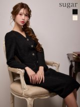 XS-Lサイズあり 【GINZA COUTURE/銀座クチュール】ツイード/ ビジュー/ 袖あり/ フレア/ Aライン/ ワンピース/ ミディアムドレス/ キャバドレス[OF2]