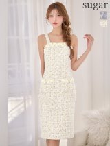 XS-Lサイズあり【GINZA COUTURE/銀座クチュール】MIXツイード/ スクエアネック/ スパンコール/ ノースリーブ/ ビジューボタン/ タイト/ ミディアムドレス/ キャバドレス[OF2