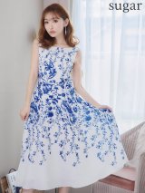 XS-Lサイズあり 【GINZA COUTURE/銀座クチュール】フラワープリント/ ノースリーブ/ ミモレ丈/ フレア/ Aライン/ ワンピース/ ミディアムドレス/ キャバドレス[OF2]