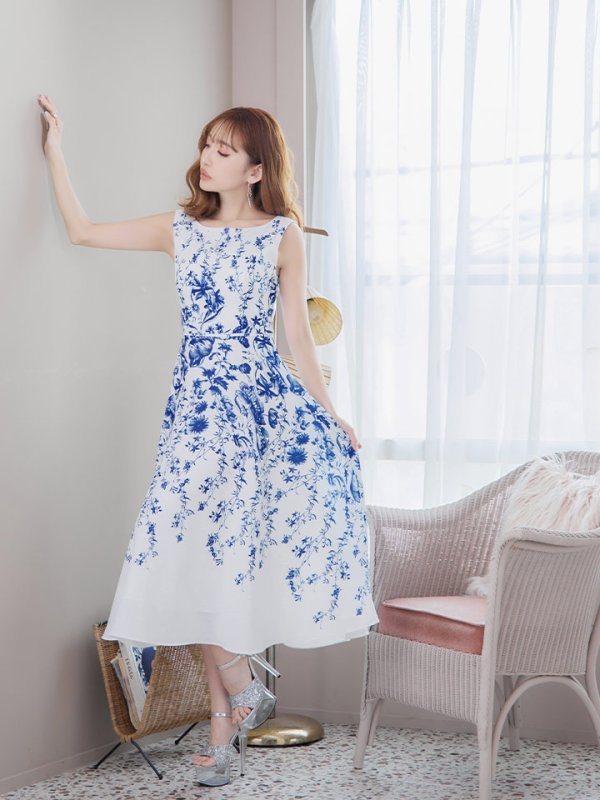 画像4: XS-Lサイズあり 【GINZA COUTURE/銀座クチュール】フラワープリント/ ノースリーブ/ ミモレ丈/ フレア/ Aライン/ ワンピース/ ミディアムドレス/ キャバドレス[OF2]