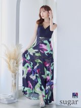 XS-Lサイズあり 【GINZA COUTURE/銀座クチュール】プリント/ 切替/ Vネック/ ノースリーブ/ Aライン/ ロングドレス/ キャバドレス long[OF2]