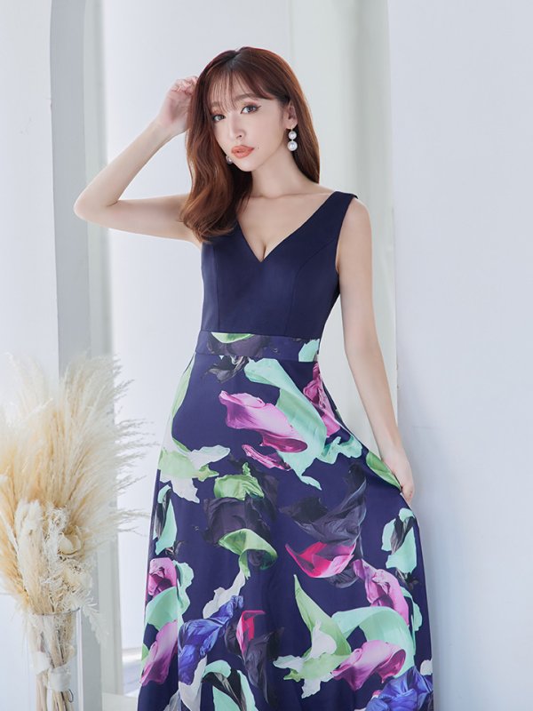 画像3: XS-Lサイズあり 【GINZA COUTURE/銀座クチュール】プリント/ 切替/ Vネック/ ノースリーブ/ Aライン/ ロングドレス/ キャバドレス long[OF2]