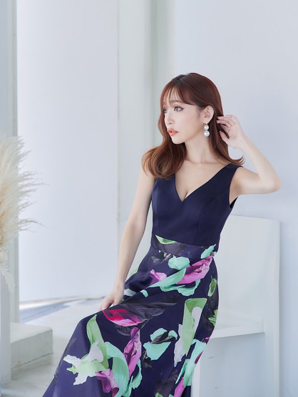 画像4: XS-Lサイズあり 【GINZA COUTURE/銀座クチュール】プリント/ 切替/ Vネック/ ノースリーブ/ Aライン/ ロングドレス/ キャバドレス long[OF2]