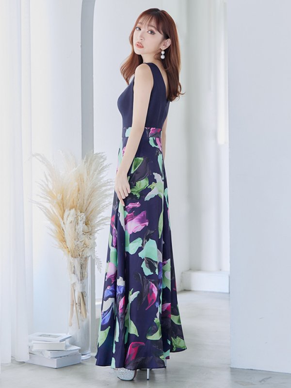 画像5: XS-Lサイズあり 【GINZA COUTURE/銀座クチュール】プリント/ 切替/ Vネック/ ノースリーブ/ Aライン/ ロングドレス/ キャバドレス long[OF2]