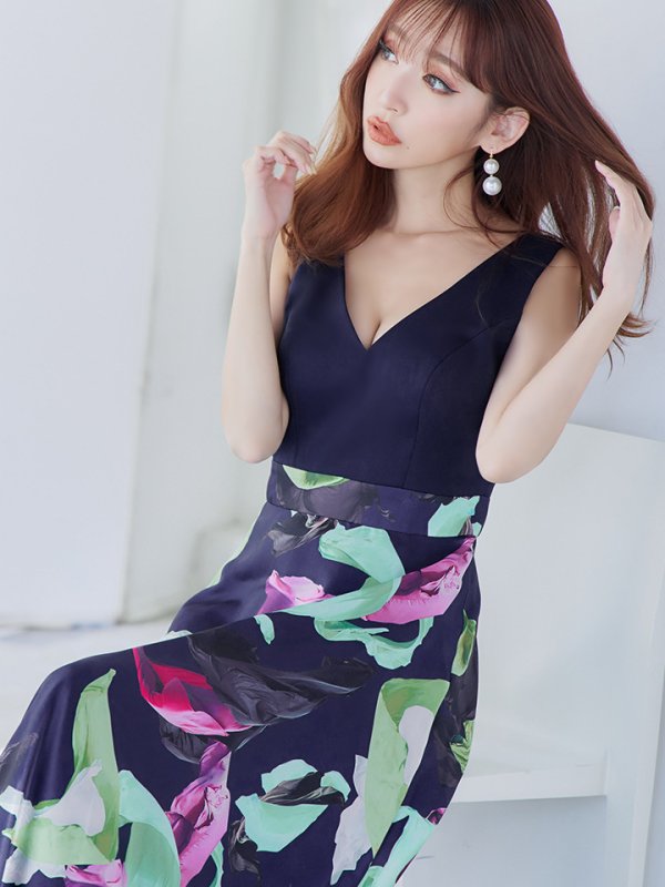 画像6: XS-Lサイズあり 【GINZA COUTURE/銀座クチュール】プリント/ 切替/ Vネック/ ノースリーブ/ Aライン/ ロングドレス/ キャバドレス long[OF2]