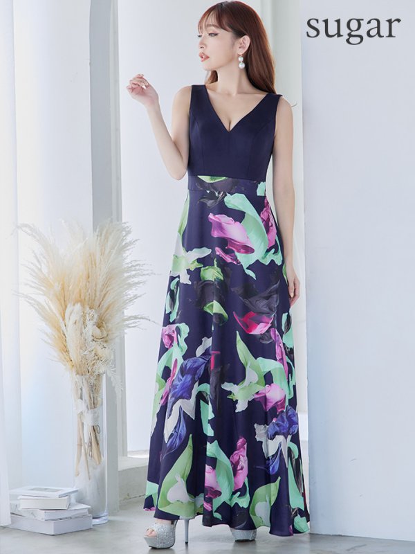 画像7: XS-Lサイズあり 【GINZA COUTURE/銀座クチュール】プリント/ 切替/ Vネック/ ノースリーブ/ Aライン/ ロングドレス/ キャバドレス long[OF2]