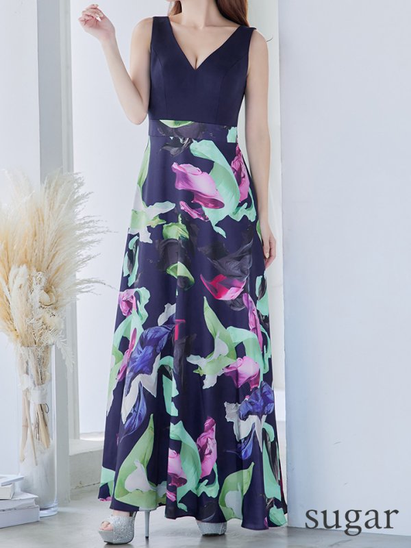 画像8: XS-Lサイズあり 【GINZA COUTURE/銀座クチュール】プリント/ 切替/ Vネック/ ノースリーブ/ Aライン/ ロングドレス/ キャバドレス long[OF2]