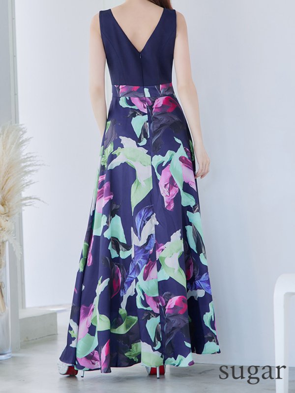 画像9: XS-Lサイズあり 【GINZA COUTURE/銀座クチュール】プリント/ 切替/ Vネック/ ノースリーブ/ Aライン/ ロングドレス/ キャバドレス long[OF2]