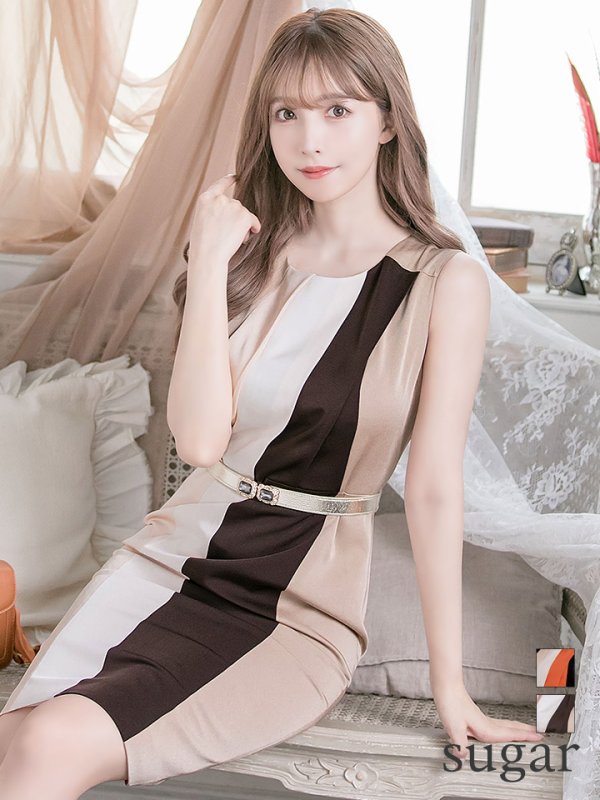 【GINZA COUTURE/銀座クチュール】タック/ ノースリーブ/ ワンピース/ タイト/ ミディアムドレス/ キャバドレス/ブラウン