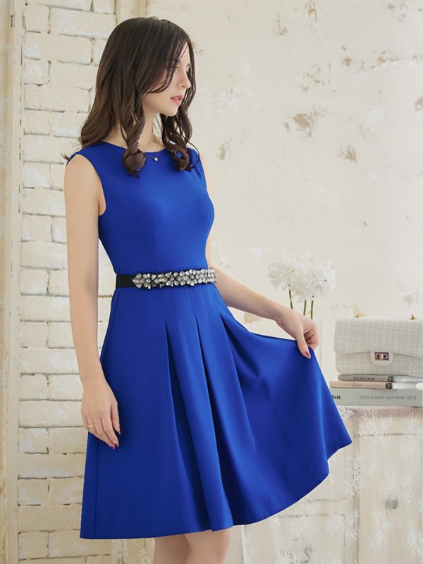 画像14: 【XSサイズあり】 【GINZA COUTURE/銀座クチュール】ワンピース/ ワンカラー/ ノースリーブ/ ベルト/ ビジュー/ プリーツ/ フレア/ ひざ丈/ ミディアムドレス/ キャバドレス[OF2]