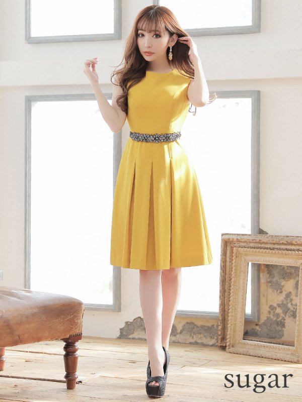 画像8: 【XSサイズあり】 【GINZA COUTURE/銀座クチュール】ワンピース/ ワンカラー/ ノースリーブ/ ベルト/ ビジュー/ プリーツ/ フレア/ ひざ丈/ ミディアムドレス/ キャバドレス[OF2]