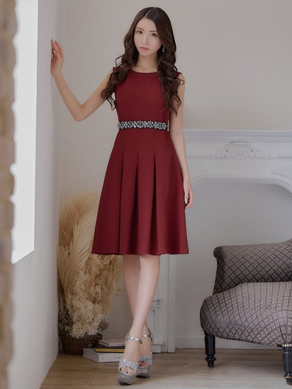 画像22: 【XSサイズあり】 【GINZA COUTURE/銀座クチュール】ワンピース/ ワンカラー/ ノースリーブ/ ベルト/ ビジュー/ プリーツ/ フレア/ ひざ丈/ ミディアムドレス/ キャバドレス[OF2]