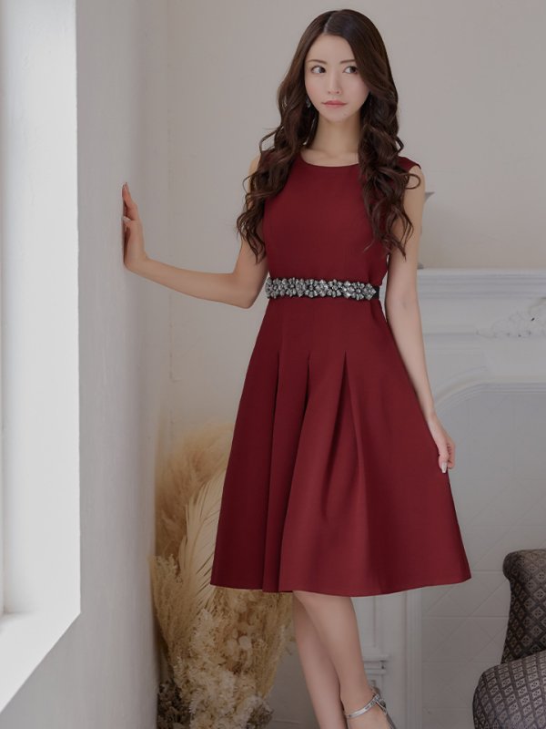 画像24: 【XSサイズあり】 【GINZA COUTURE/銀座クチュール】ワンピース/ ワンカラー/ ノースリーブ/ ベルト/ ビジュー/ プリーツ/ フレア/ ひざ丈/ ミディアムドレス/ キャバドレス[OF2]