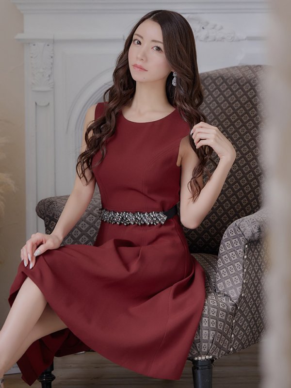 画像25: 【XSサイズあり】 【GINZA COUTURE/銀座クチュール】ワンピース/ ワンカラー/ ノースリーブ/ ベルト/ ビジュー/ プリーツ/ フレア/ ひざ丈/ ミディアムドレス/ キャバドレス[OF2]