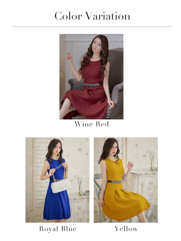 画像29: 【XSサイズあり】 【GINZA COUTURE/銀座クチュール】ワンピース/ ワンカラー/ ノースリーブ/ ベルト/ ビジュー/ プリーツ/ フレア/ ひざ丈/ ミディアムドレス/ キャバドレス[OF2]