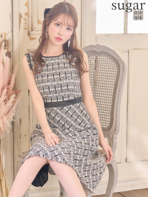 画像1: 【XS-Lサイズあり】 【GINZA COUTURE/銀座クチュール】ツイード/ ノースリーブ/ 膝丈/Aライン/ ワンピース/ ミディアムドレス/ キャバドレス[OF2]