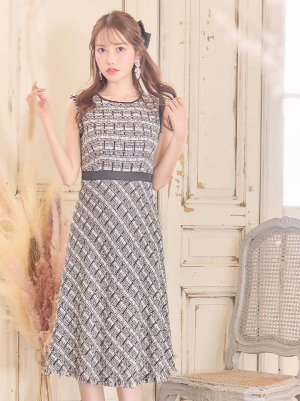 画像2: 【XS-Lサイズあり】 【GINZA COUTURE/銀座クチュール】ツイード/ ノースリーブ/ 膝丈/Aライン/ ワンピース/ ミディアムドレス/ キャバドレス[OF2]