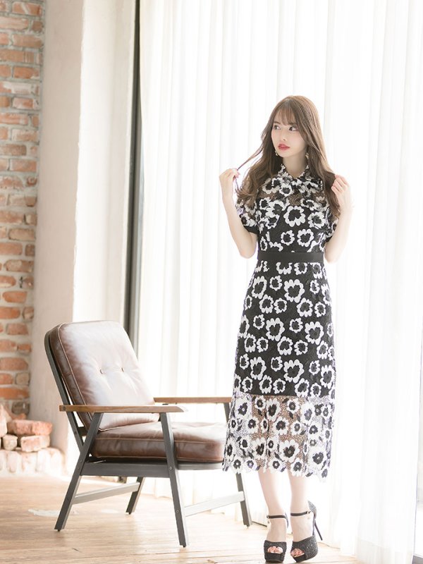 画像6: 【XS〜Lサイズあり】 【GINZA COUTURE/銀座クチュール】フラワー刺繍/ リボンネック/ワンピース/ミモレ丈/ミニドレス/ キャバドレス[OF2]