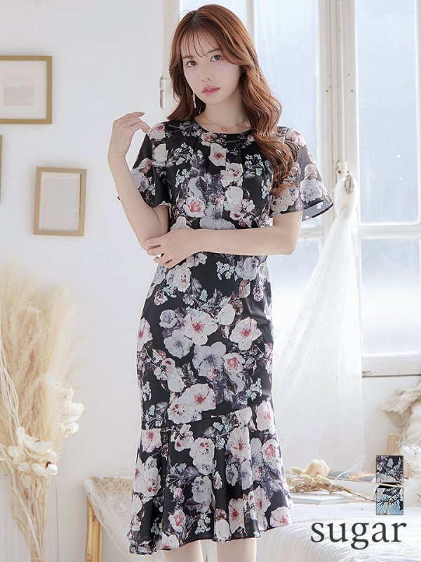 【GINZA COUTURE/銀座クチュール】フラワープリント/ ショートスリーブ/ タックデザイン/ ミディアム丈/ ワンピース/ キャバドレス　ブラック