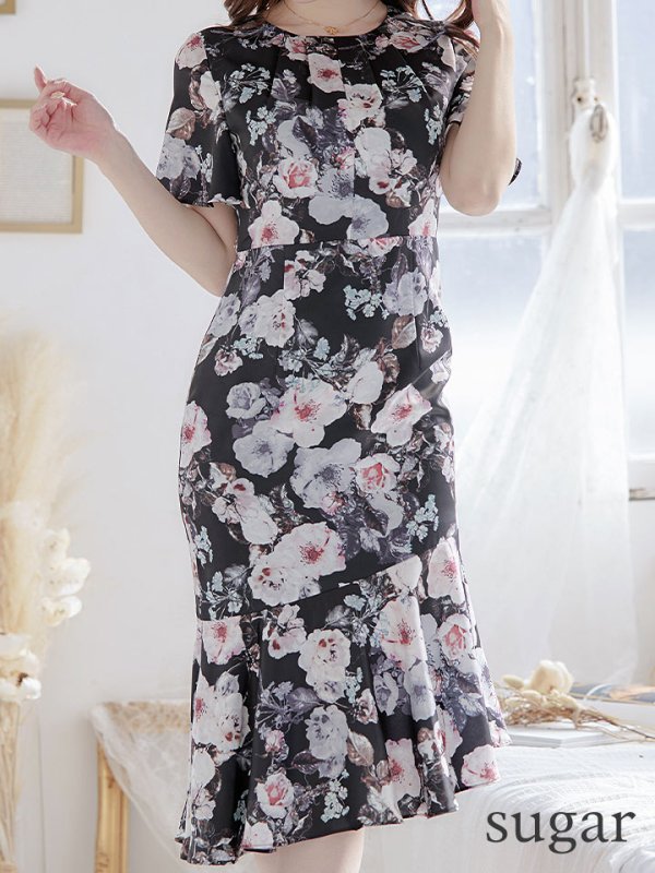 画像8: 【GINZA COUTURE/銀座クチュール】フラワープリント/ ショートスリーブ/ タックデザイン/ ミディアム丈/ ワンピース/ キャバドレス[OF2]