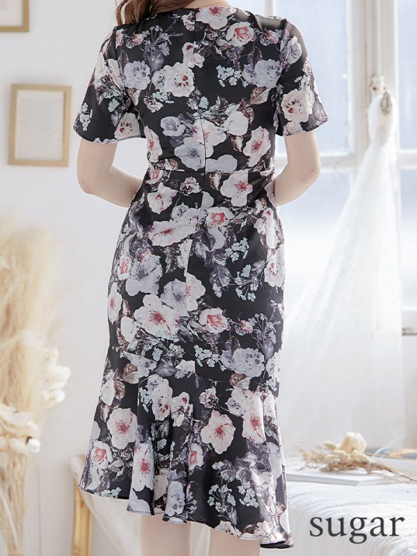 画像9: 【GINZA COUTURE/銀座クチュール】フラワープリント/ ショートスリーブ/ タックデザイン/ ミディアム丈/ ワンピース/ キャバドレス[OF2]