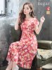 XS-Lサイズあり【GINZA COUTURE/銀座クチュール】フラワープリント/ フリル/ Aライン/ ミディアム丈/ ワンピース/ ミニドレス/ キャバドレス/レッド