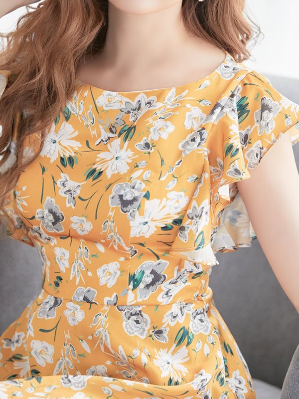 画像2: XS-Lサイズあり 【GINZA COUTURE/銀座クチュール】フラワープリント/ フリル/ Aライン/ ミディアム丈/ ワンピース/ ミニドレス/ キャバドレス[OF2]