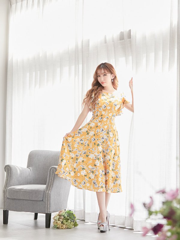 画像3: XS-Lサイズあり 【GINZA COUTURE/銀座クチュール】フラワープリント/ フリル/ Aライン/ ミディアム丈/ ワンピース/ ミニドレス/ キャバドレス[OF2]