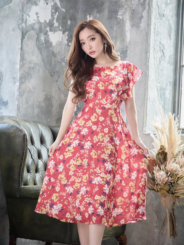 画像12: XS-Lサイズあり 【GINZA COUTURE/銀座クチュール】フラワープリント/ フリル/ Aライン/ ミディアム丈/ ワンピース/ ミニドレス/ キャバドレス[OF2]