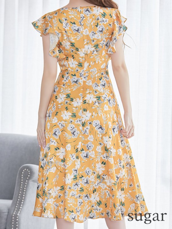 画像6: XS-Lサイズあり 【GINZA COUTURE/銀座クチュール】フラワープリント/ フリル/ Aライン/ ミディアム丈/ ワンピース/ ミニドレス/ キャバドレス[OF2]