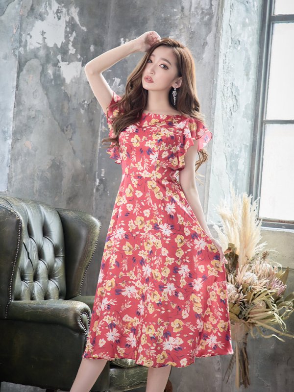 画像13: XS-Lサイズあり 【GINZA COUTURE/銀座クチュール】フラワープリント/ フリル/ Aライン/ ミディアム丈/ ワンピース/ ミニドレス/ キャバドレス[OF2]