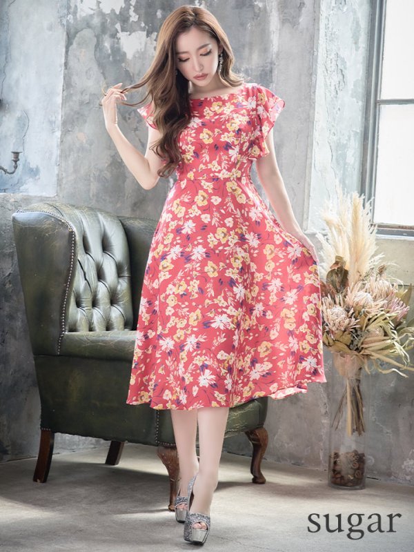 画像16: XS-Lサイズあり 【GINZA COUTURE/銀座クチュール】フラワープリント/ フリル/ Aライン/ ミディアム丈/ ワンピース/ ミニドレス/ キャバドレス[OF2]