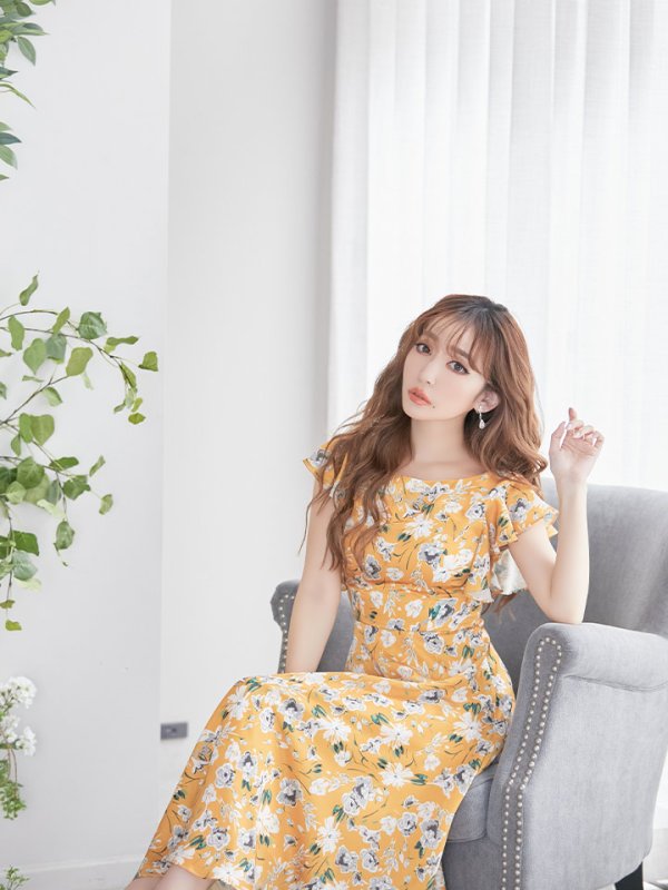 画像8: XS-Lサイズあり 【GINZA COUTURE/銀座クチュール】フラワープリント/ フリル/ Aライン/ ミディアム丈/ ワンピース/ ミニドレス/ キャバドレス[OF2]