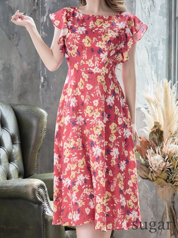 画像17: XS-Lサイズあり 【GINZA COUTURE/銀座クチュール】フラワープリント/ フリル/ Aライン/ ミディアム丈/ ワンピース/ ミニドレス/ キャバドレス[OF2]