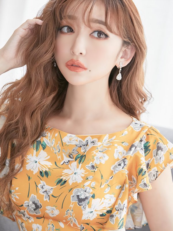 画像9: XS-Lサイズあり 【GINZA COUTURE/銀座クチュール】フラワープリント/ フリル/ Aライン/ ミディアム丈/ ワンピース/ ミニドレス/ キャバドレス[OF2]