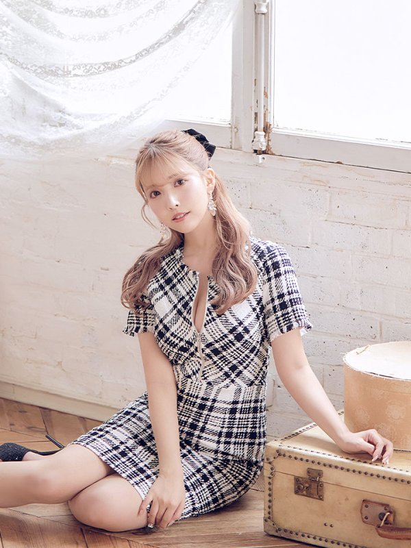 画像4: XS-Lサイズあり 【GINZA COUTURE/銀座クチュール】ツイード/ 半袖/ 袖あり/ フロントジップ/ タイト/ ワンピース/ ミニドレス/ キャバドレス[OF2]