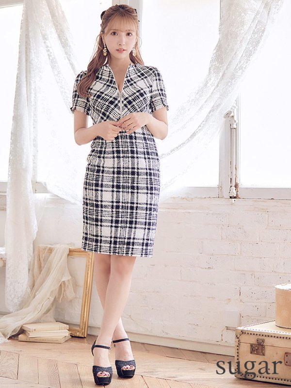 画像8: XS-Lサイズあり 【GINZA COUTURE/銀座クチュール】ツイード/ 半袖/ 袖あり/ フロントジップ/ タイト/ ワンピース/ ミニドレス/ キャバドレス[OF2]