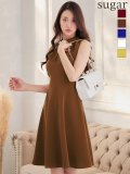 XS-Lサイズあり 【GINZA COUTURE/銀座クチュール】ノースリーブ/ ハイネック/ ワンカラー/ 膝丈/ ミディアム/ フレア/ ワンピース/ キャバドレス[OF2]