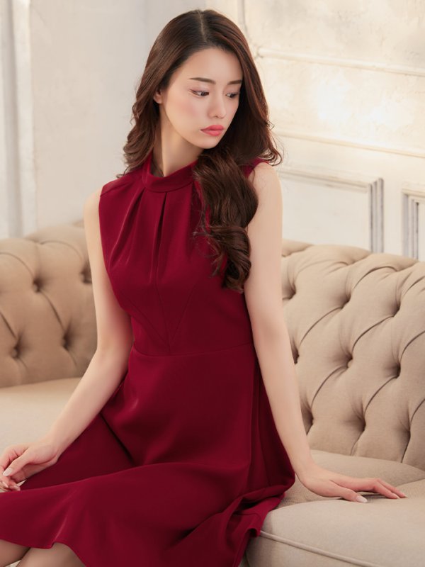画像2: XS-Lサイズあり 【GINZA COUTURE/銀座クチュール】ノースリーブ/ ハイネック/ ワンカラー/ 膝丈/ ミディアム/ フレア/ ワンピース/ キャバドレス[OF2]