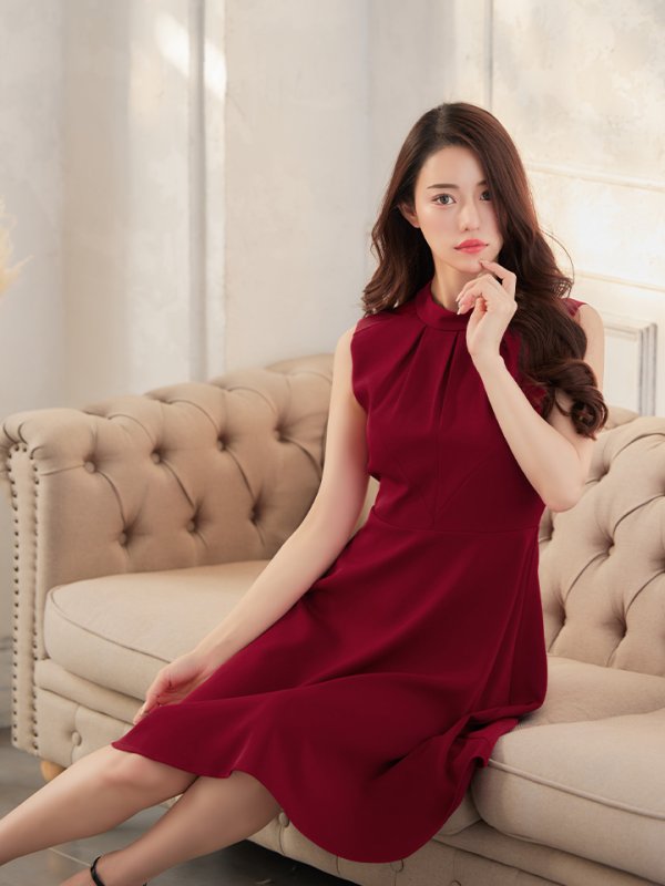 画像4: XS-Lサイズあり 【GINZA COUTURE/銀座クチュール】ノースリーブ/ ハイネック/ ワンカラー/ 膝丈/ ミディアム/ フレア/ ワンピース/ キャバドレス[OF2]