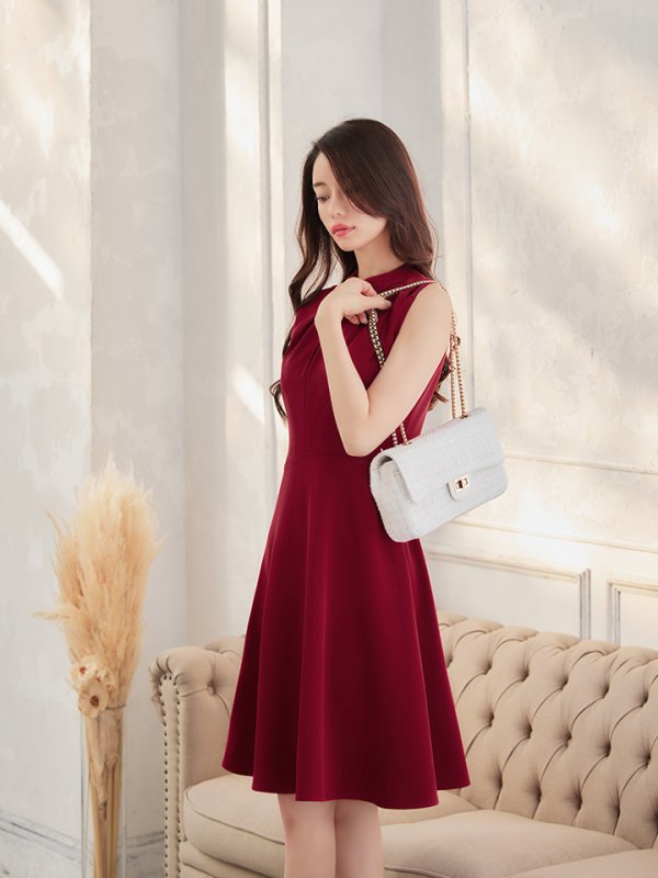 画像5: XS-Lサイズあり 【GINZA COUTURE/銀座クチュール】ノースリーブ/ ハイネック/ ワンカラー/ 膝丈/ ミディアム/ フレア/ ワンピース/ キャバドレス[OF2]