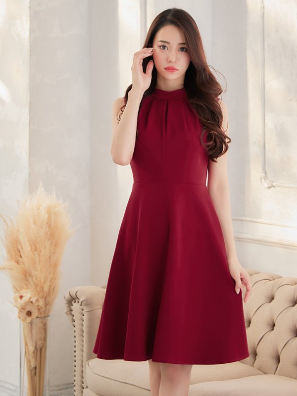 画像6: XS-Lサイズあり 【GINZA COUTURE/銀座クチュール】ノースリーブ/ ハイネック/ ワンカラー/ 膝丈/ ミディアム/ フレア/ ワンピース/ キャバドレス[OF2]