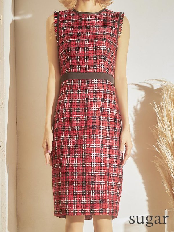 画像22: 【XS-Lサイズあり】 【GINZA COUTURE/銀座クチュール】ツイード/ チェック/ ノースリーブ/ パイピング/ タイト/ ワンピース/ ミディアムドレス/ キャバドレス[OF2]
